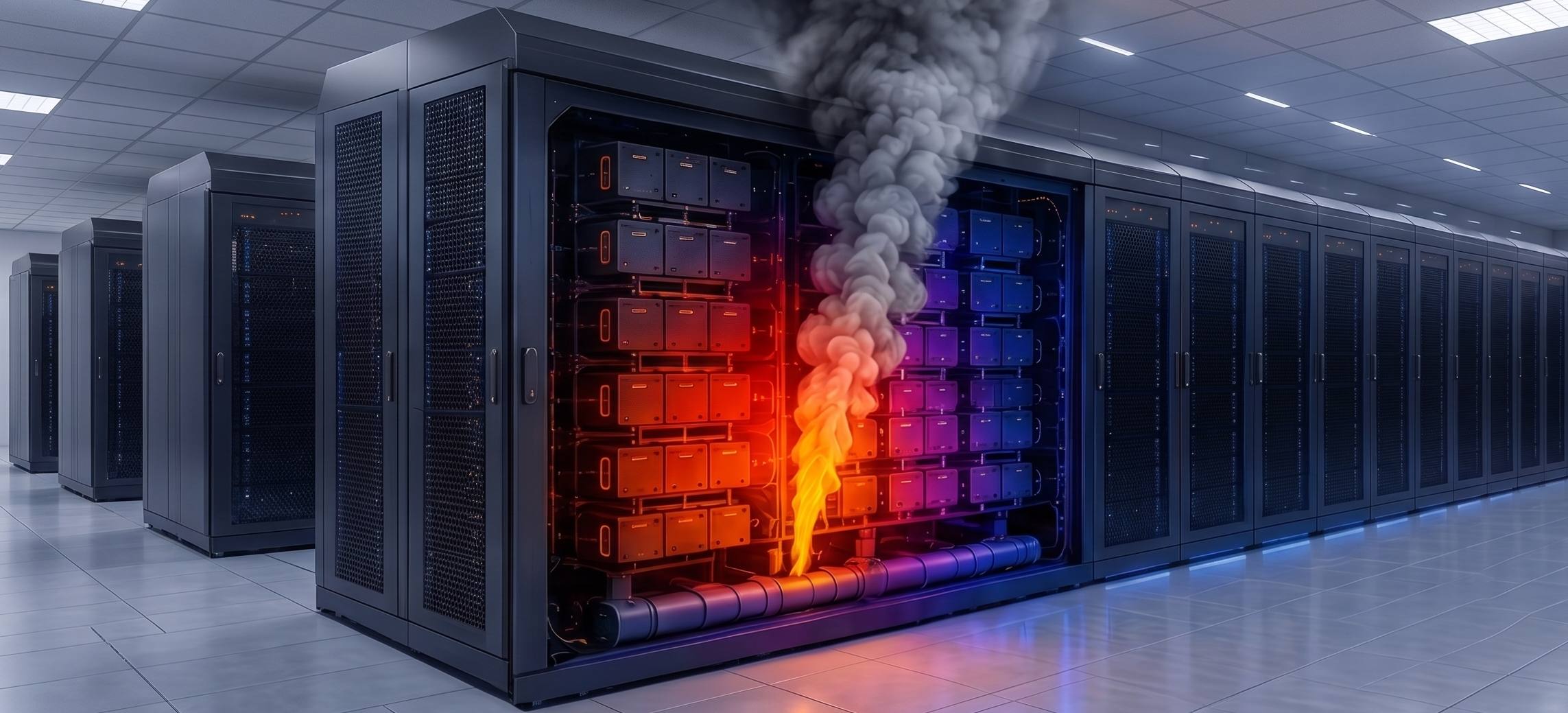 Open battery cabinet in a data hall, its module faces painted red through violet to blue, flame and grey smoke rising.