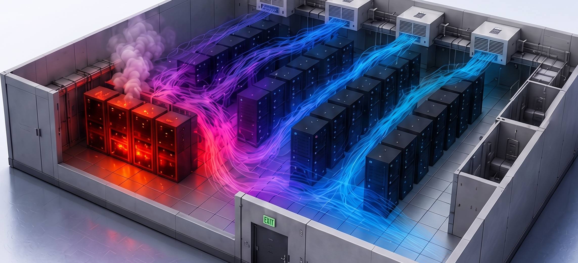 Data hall cutaway, roof off: four cabinet rows, one glowing red under a smoke plume, blue airflow ribbons bending around it.