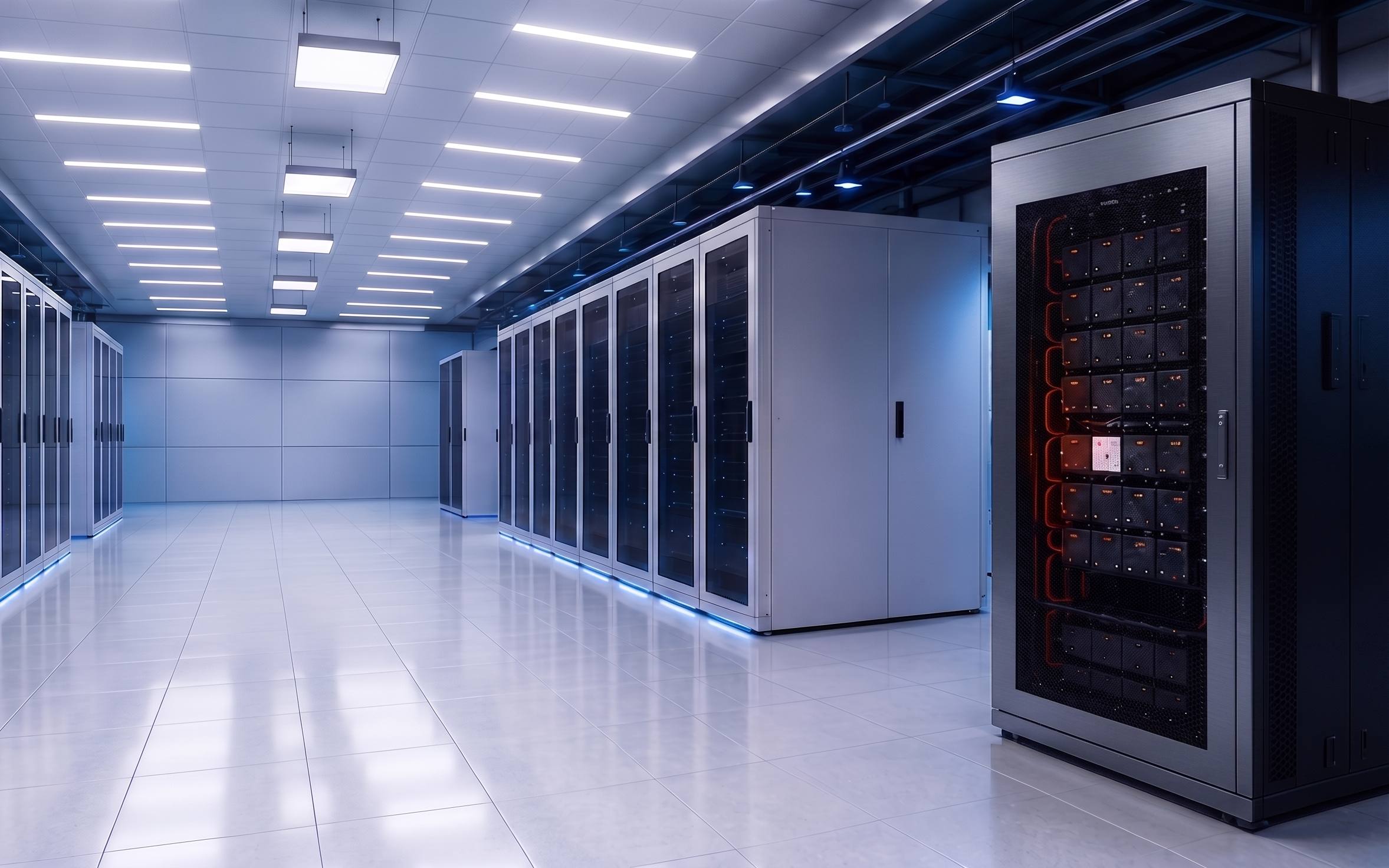 Bright data hall of white server cabinets on a pale floor, one dark battery cabinet nearest, its mesh door showing modules.