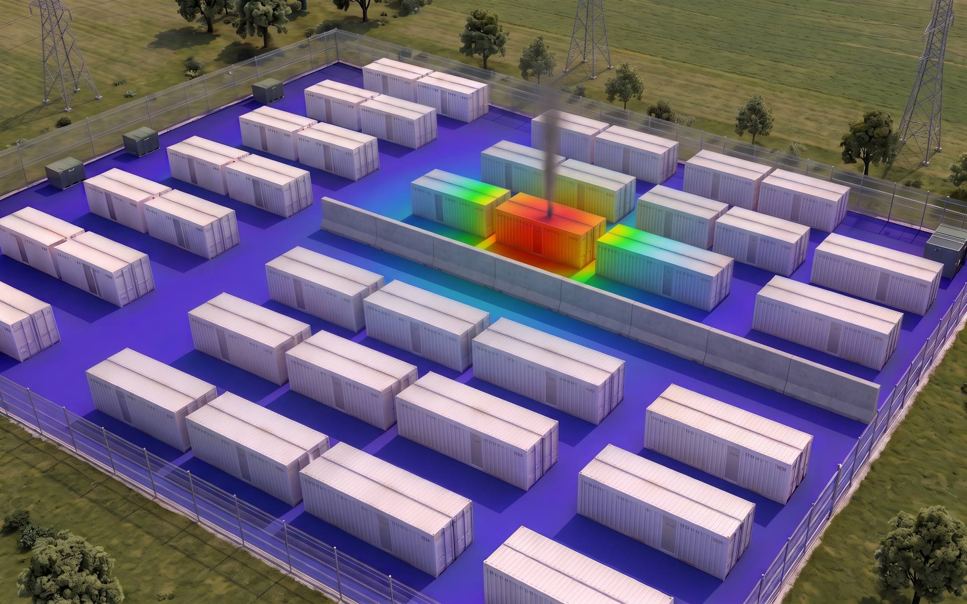 The same site re-laid with wider rows and a low barrier wall, the heat field now small and tight around one container.