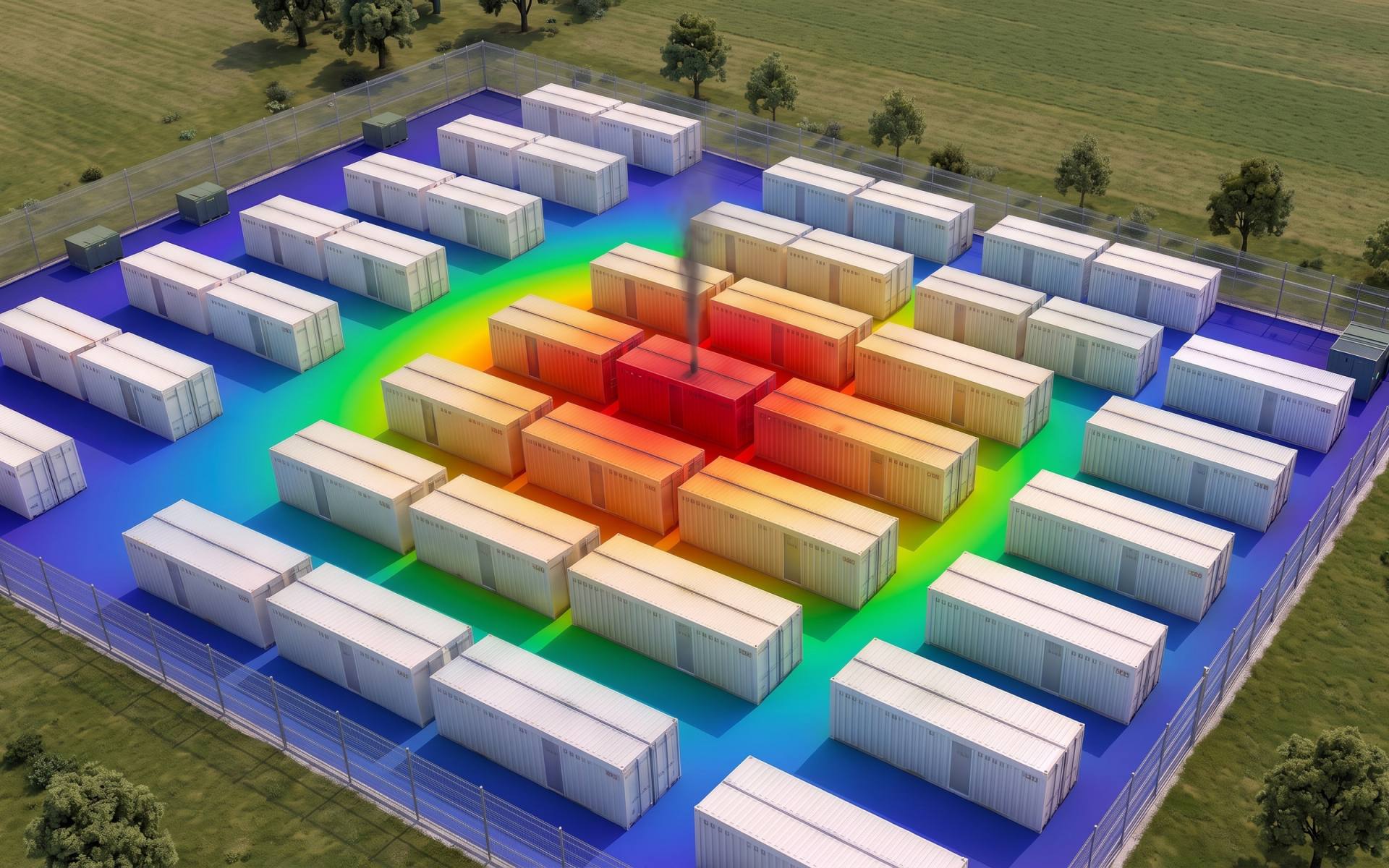 Closely spaced container rows, a smoke wisp above one of them, a wide heat field reaching the fence in green and blue.