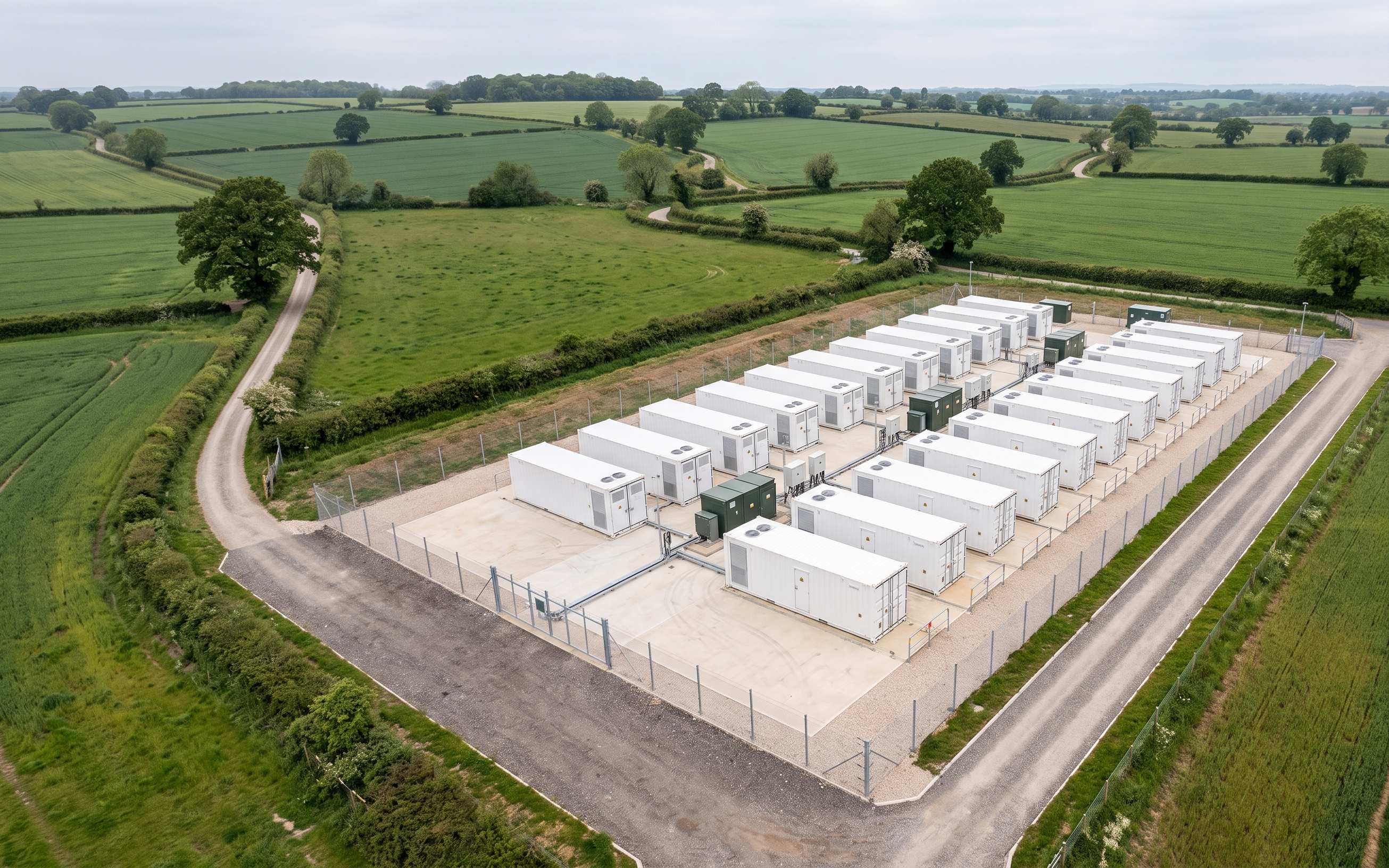 Battery storage site at rest from the air: white containers in rows on a pale pad, skids, a fence, a road and green fields.