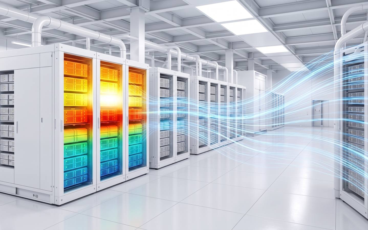 Bright data hall of white cabinets, the nearest open with battery tiers painted red to cyan, blue airflow along the aisle.