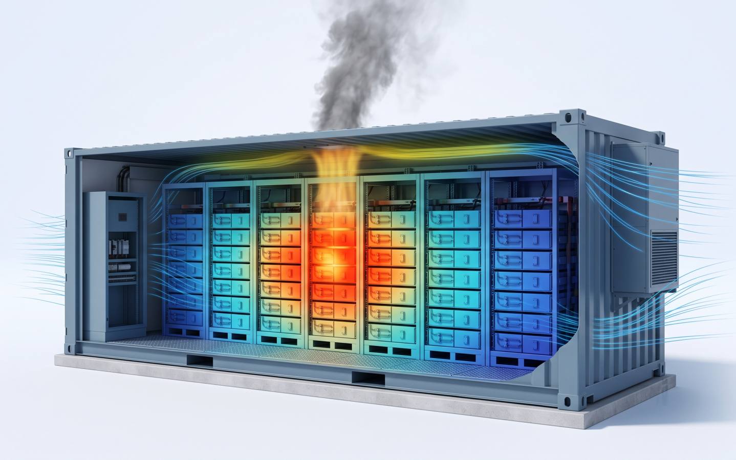 Cutaway battery container, modules coloured by temperature around a red core, smoke rising and pooling beneath the ceiling.