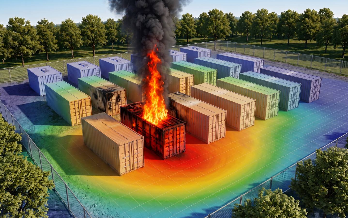 Battery container yard with one unit ablaze under black smoke, a heat-flux rainbow spread across the ground and containers.