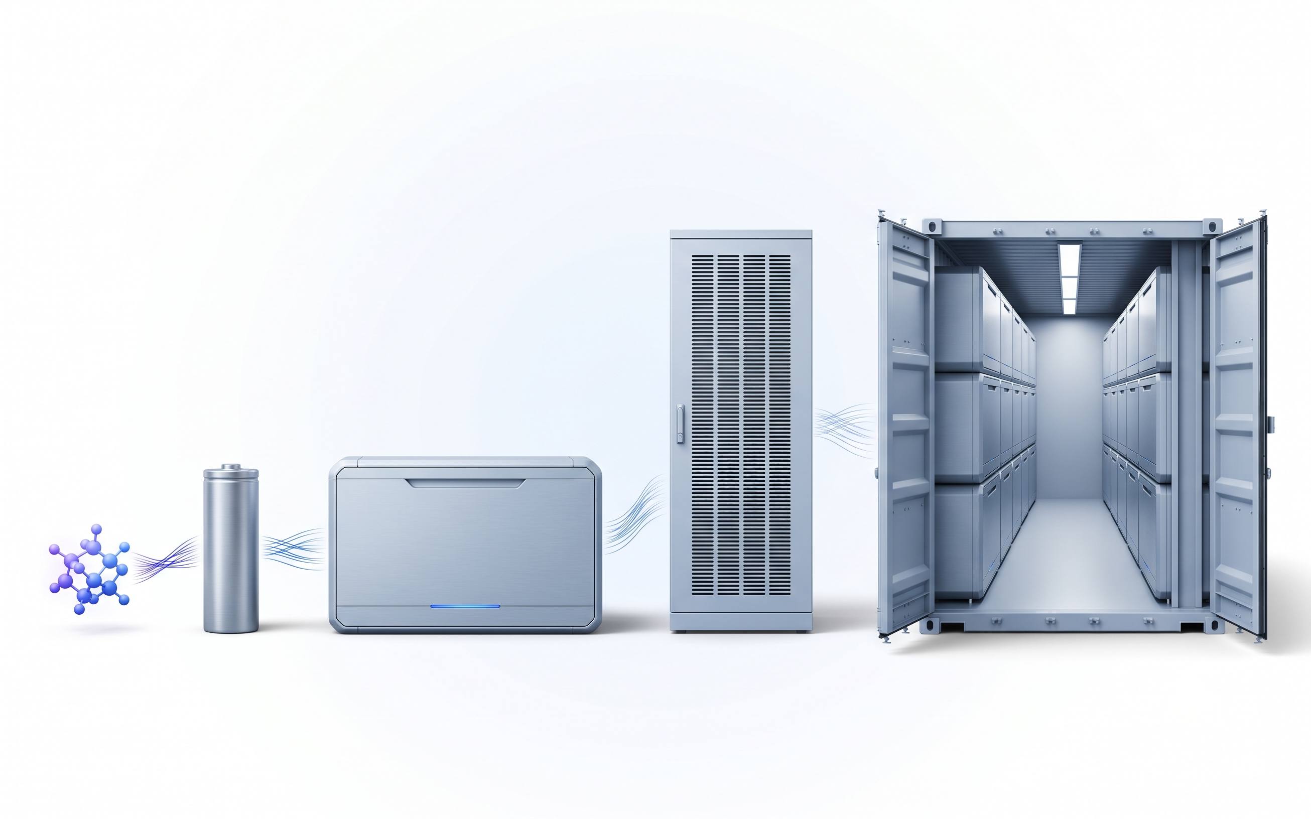 Five battery scales: molecular cluster, cell, module, louvred rack cabinet and container system, linked by blue filaments.