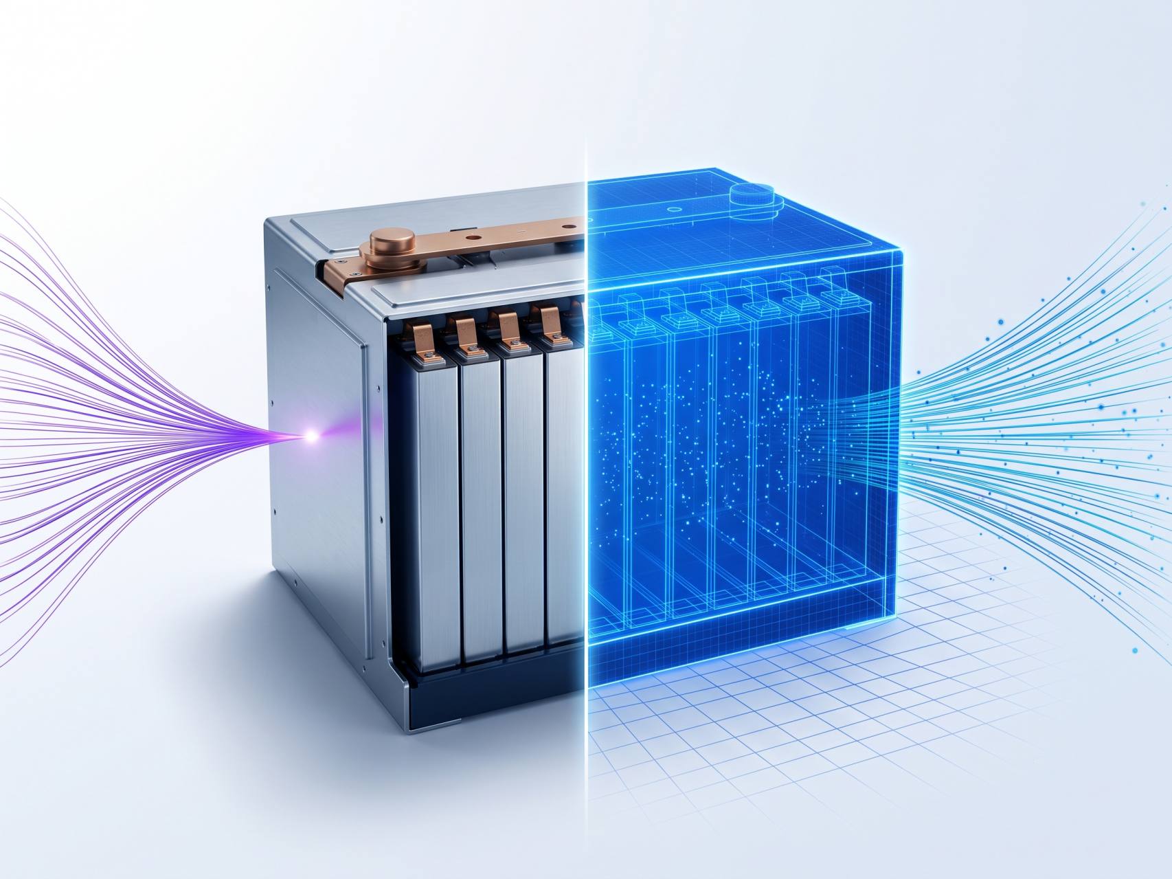 Battery module split into its physical half and glass digital twin, violet energy flowing in and cyan streaming out.