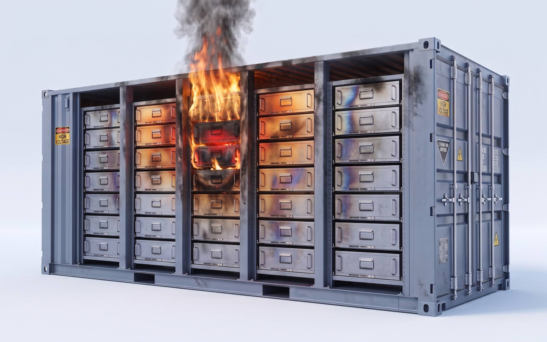 Battery container, fire and dark smoke from the charred centre bay of five, its core glowing red, neighbours lit amber.