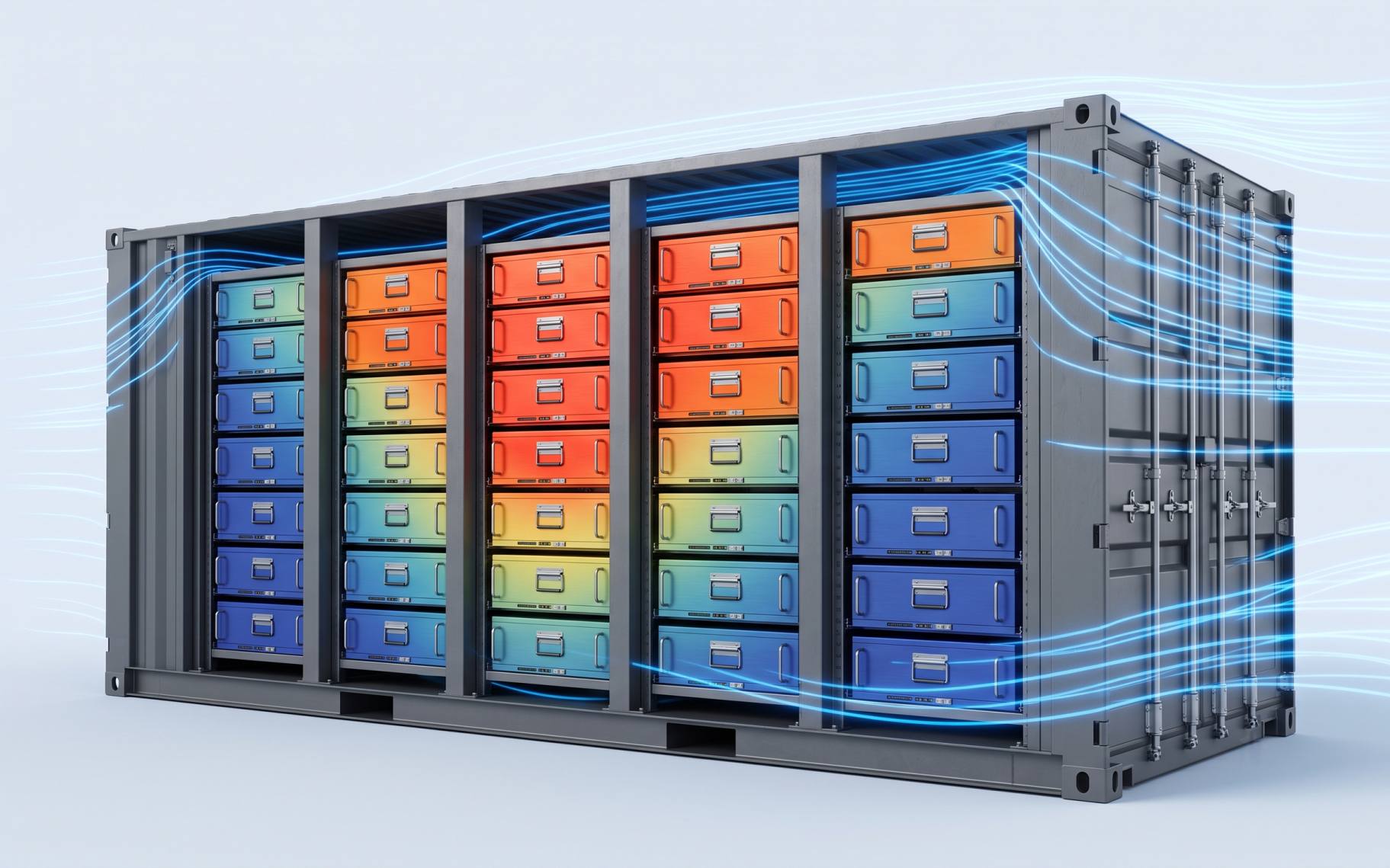 Digital twin of the same container, a heat plume standing on the centre rack bay and cooling to deep blue at the floor.