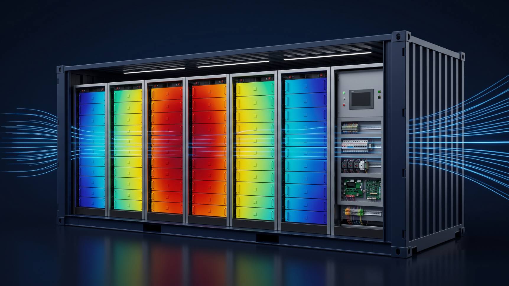Digital-twin container on dark ground, module faces hottest at the centre bays, switchgear cabinet at the right end.
