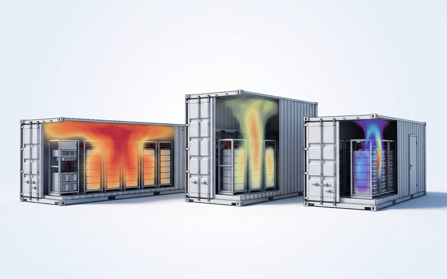 Three different container designs side by side, their hot plume shrinking from a wide red sheet to a tight blue core.