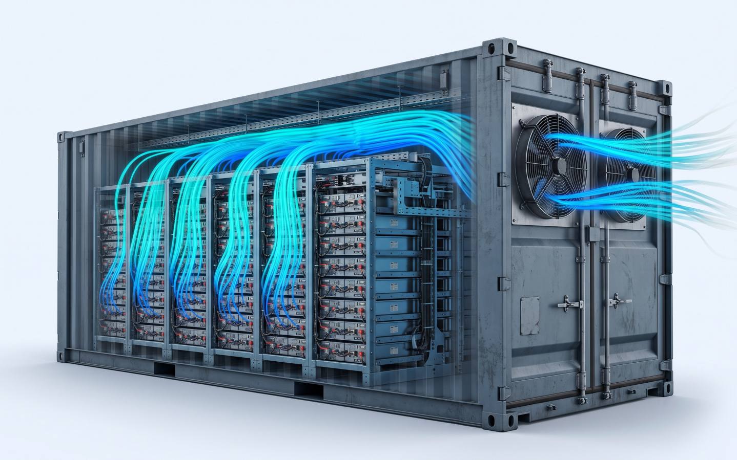 Container cutaway, cyan gas streamlines drawn along the racks and out through two circular exhaust fans at the right end.
