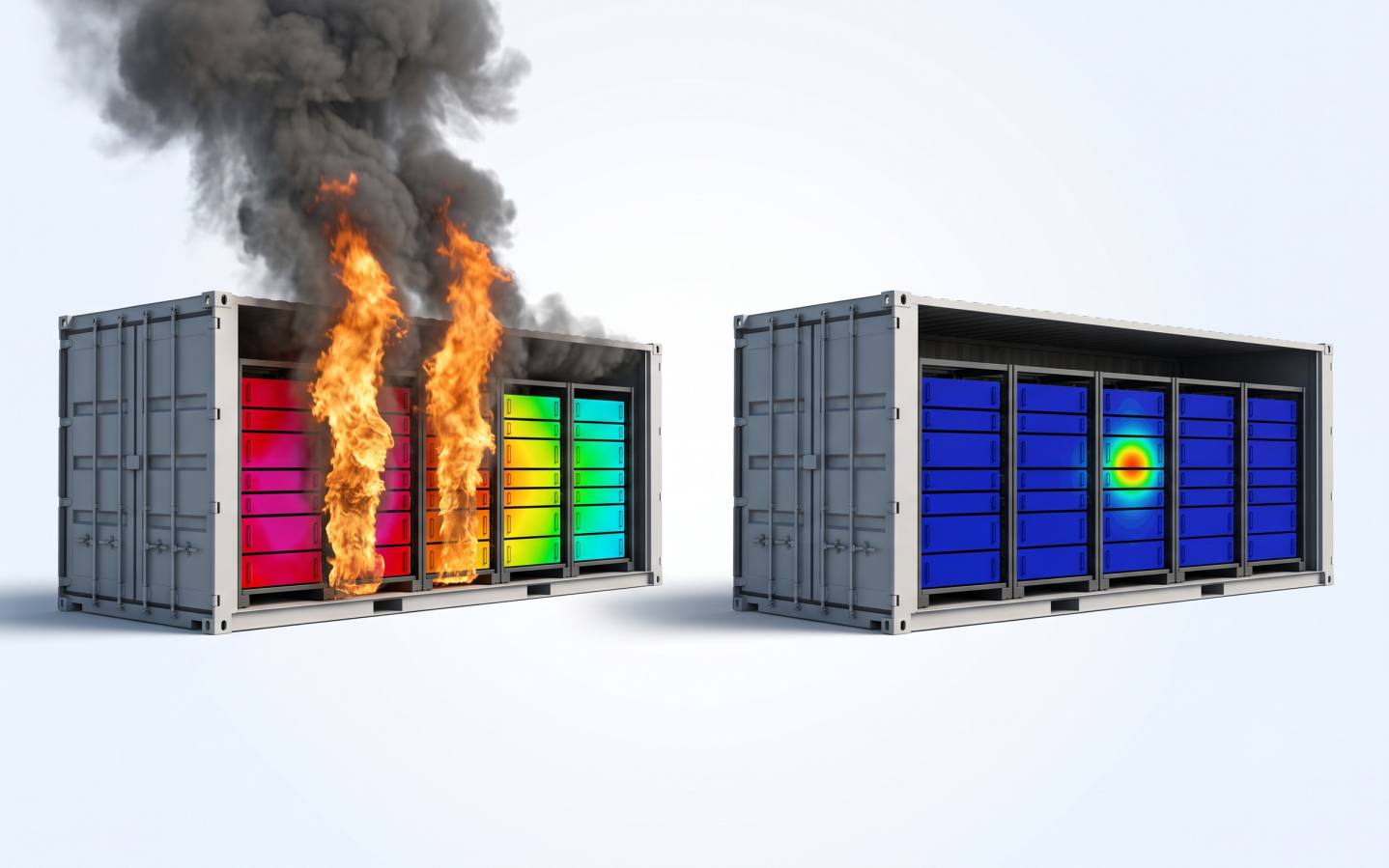 Two identical containers compared: fire and a full-width heat rainbow on the left, one small warm patch on the right.